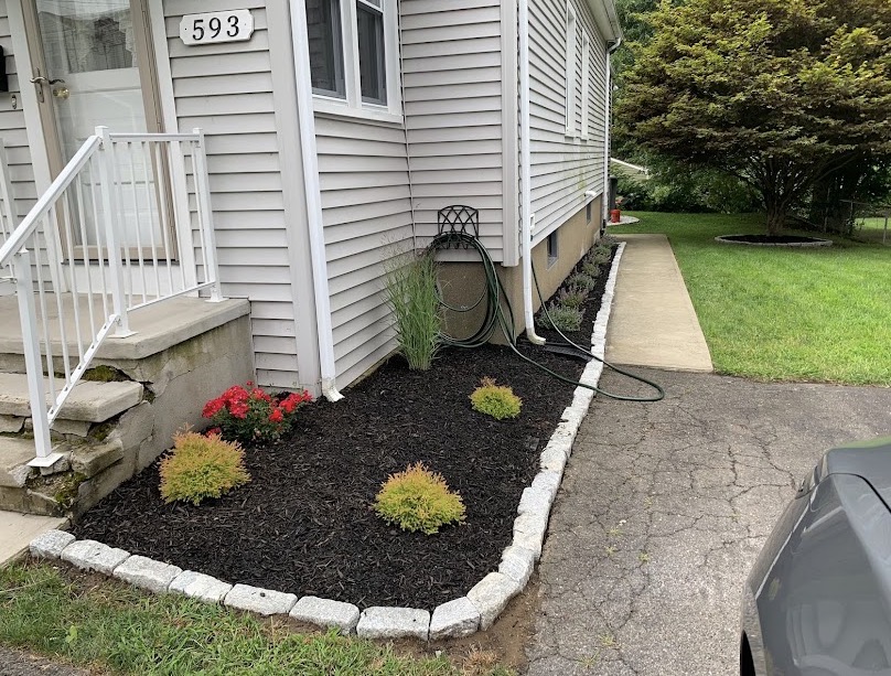 Cobblestone-edged mulch bed with flowering shrubs along a house walkway